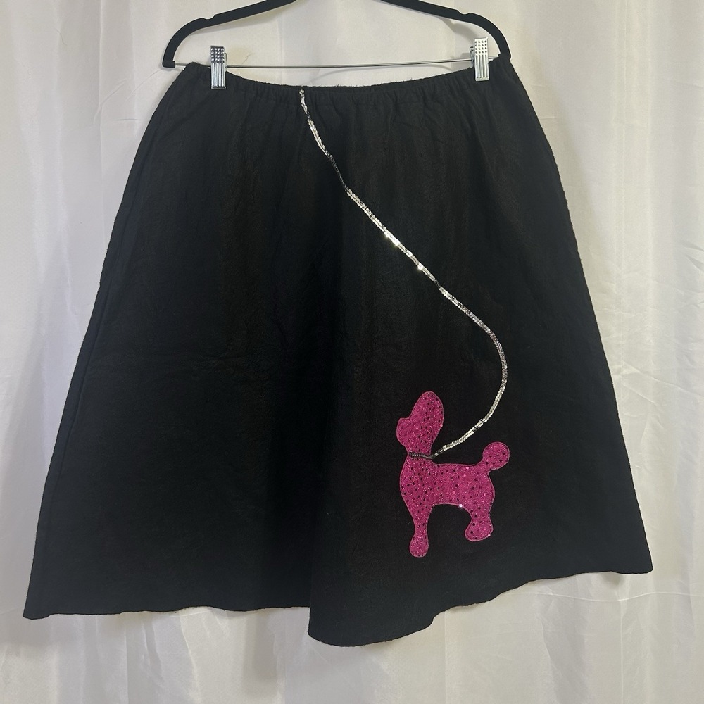 50s Black Felt Poodle Skirt Costume Women Pink Sequin Dog Applique Rockability - Picture 2 of 6